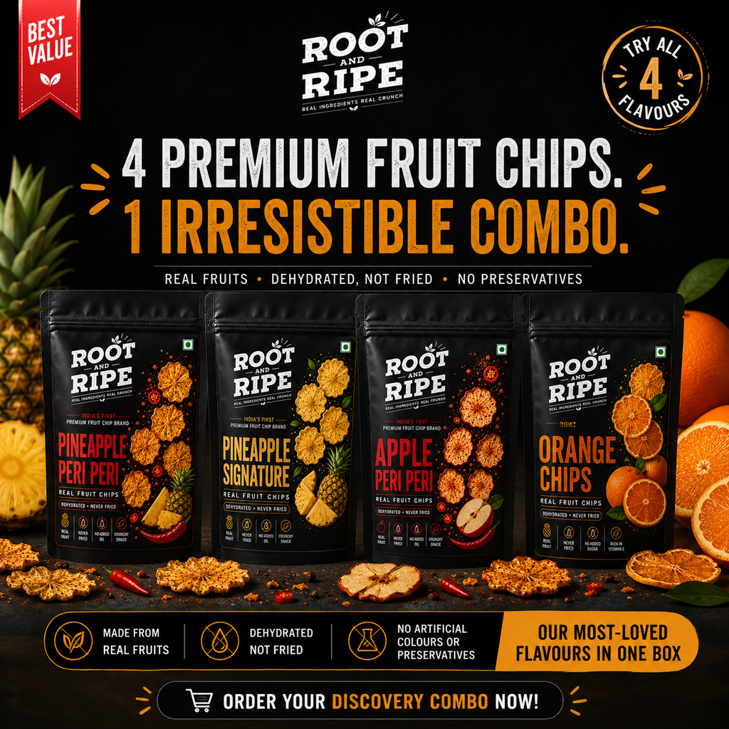 Root & Ripe Fruit Chips Discovery Combo – Assorted Flavours, Real Fruit, No Preservatives, 4 Packs